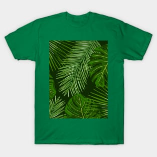 Tropical Green Leaves on Black T-Shirt